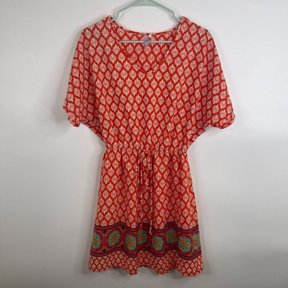 Alya Womens Dress Size M Orange Geometic Pattern Short Dolman Sleeve Elastic Wai
